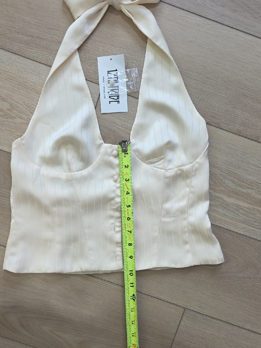 12th Tribe Dorothy Cream Pinstripe Satin Halter Button-Front Top - Picture 6 of 12